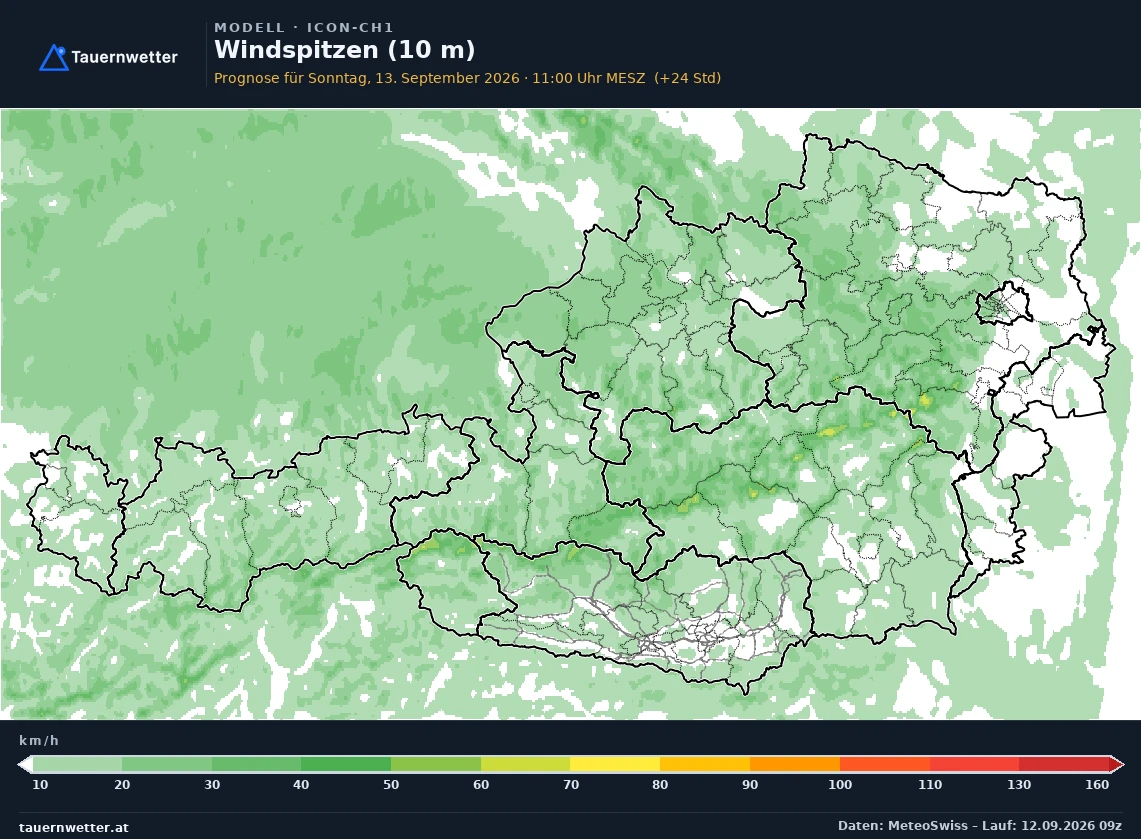 ICON-CH1 Modellkarte Windböen 10 m Österreich, Vorhersage +24 Stunden