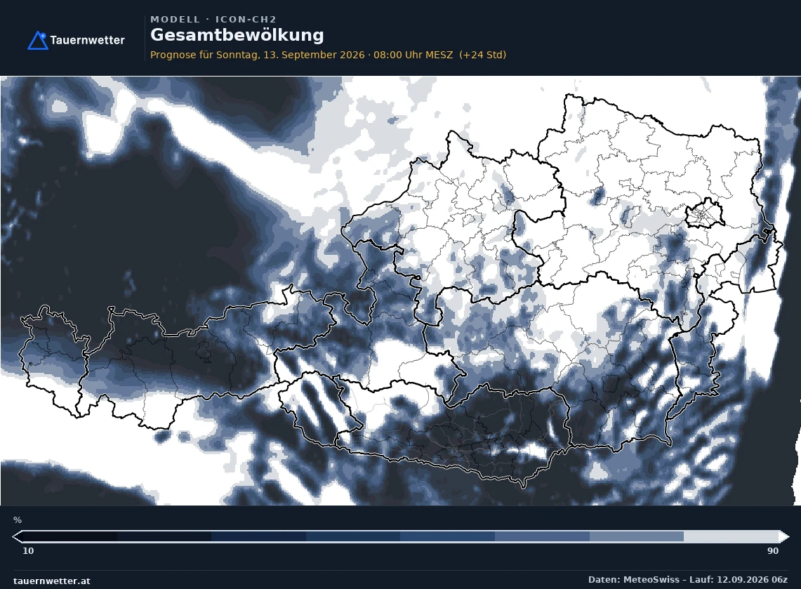 ICON-CH2 Modellkarte Bewölkung Österreich, Vorhersage +24 Stunden
