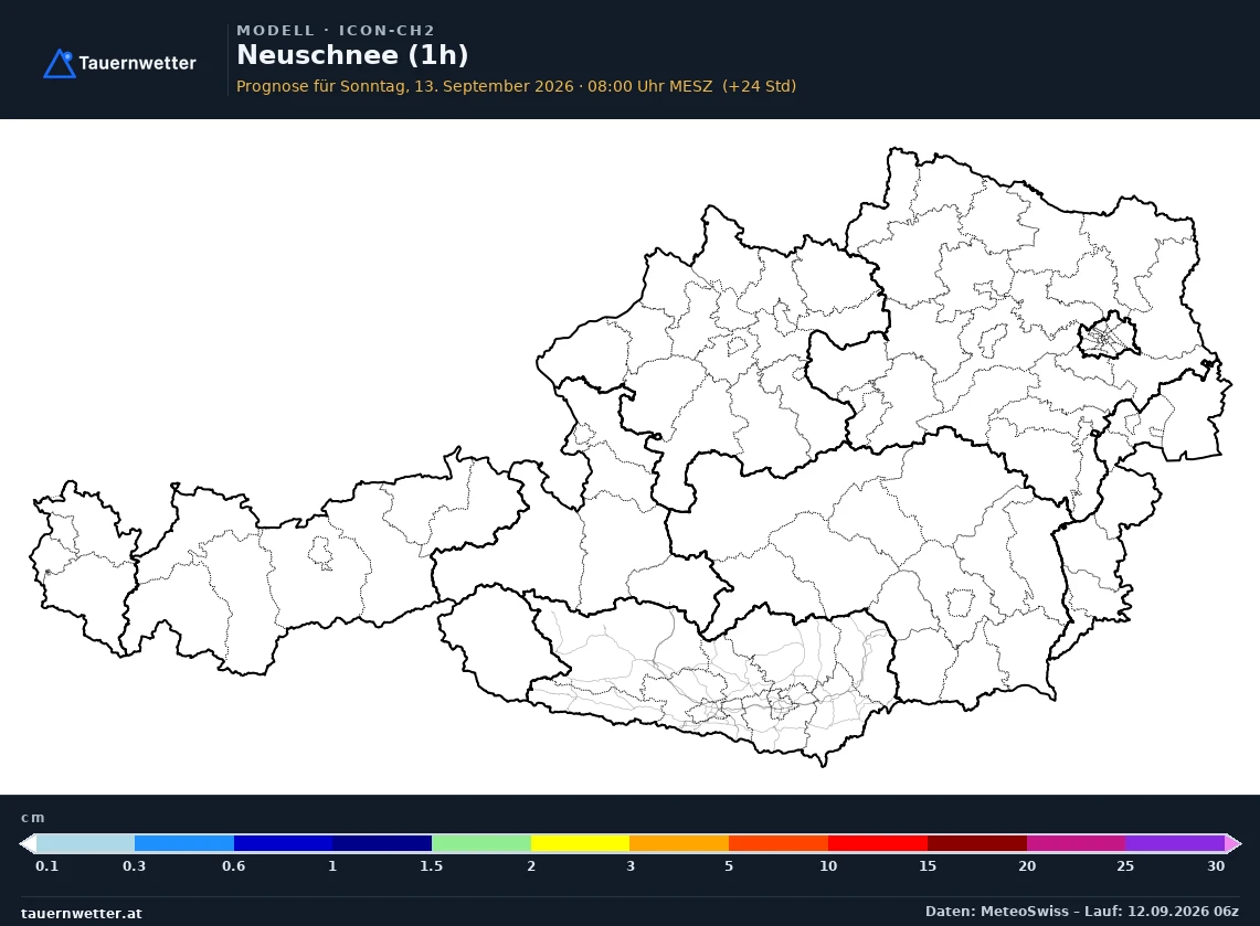 ICON-CH2 Modellkarte Neuschnee 1 h Österreich, Vorhersage +24 Stunden