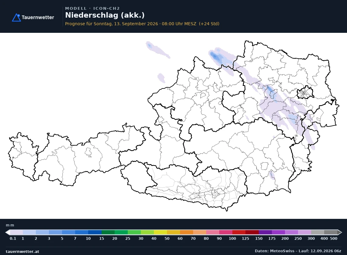 ICON-CH2 Modellkarte Niederschlag akkumuliert Österreich, Vorhersage +24 Stunden