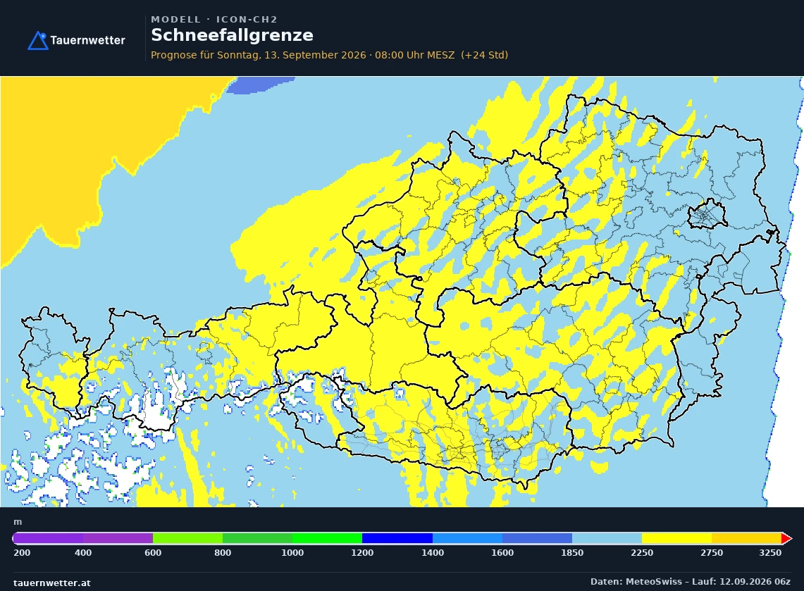 ICON-CH2 Modellkarte Schneefallgrenze Österreich, Vorhersage +24 Stunden