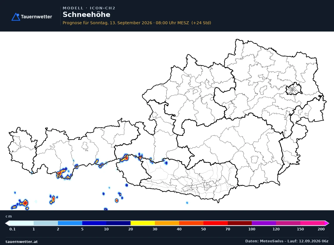 ICON-CH2 Modellkarte Schneehöhe Österreich, Vorhersage +24 Stunden