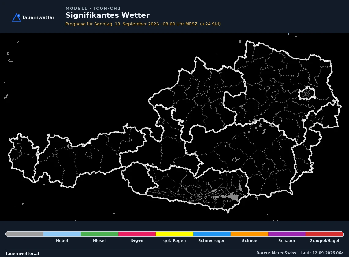 ICON-CH2 Modellkarte Signifikantes Wetter Österreich, Vorhersage +24 Stunden