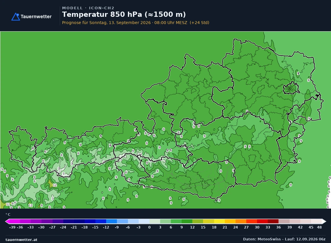 ICON-CH2 Modellkarte Temperatur 850 hPa Österreich, Vorhersage +24 Stunden