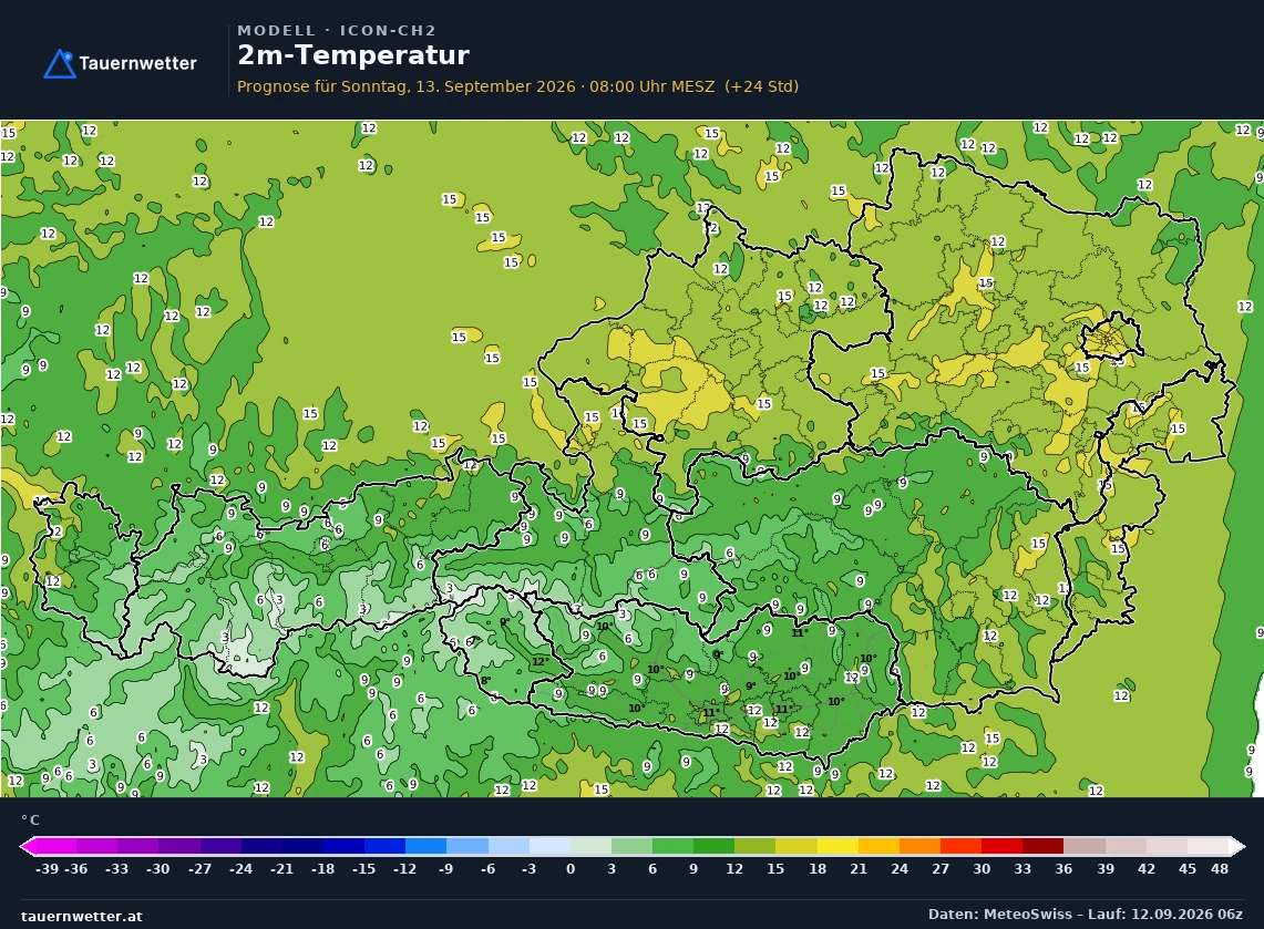 ICON-CH2 Modellkarte Temperatur 2 m Österreich, Vorhersage +24 Stunden