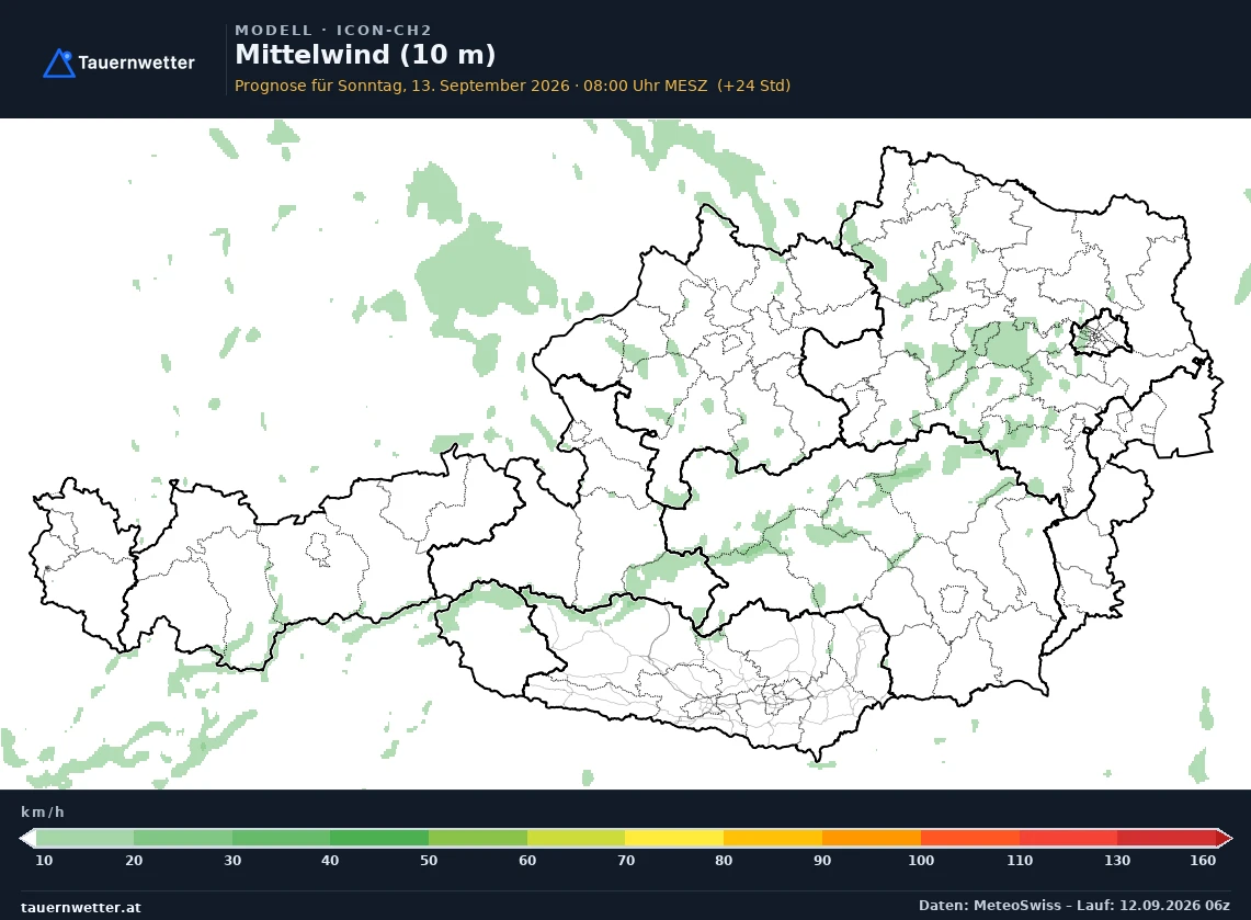 ICON-CH2 Modellkarte Mittelwind 10 m Österreich, Vorhersage +24 Stunden