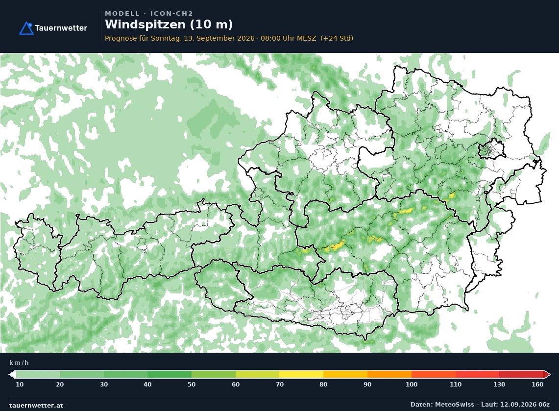 ICON-CH2 Modellkarte Windböen 10 m Österreich, Vorhersage +24 Stunden