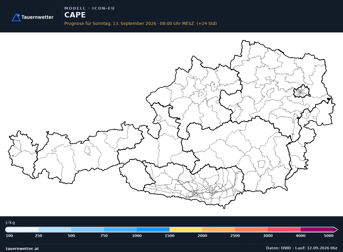 ICON-EU Modellkarte CAPE, Gewitterpotential Österreich, Vorhersage +24 Stunden