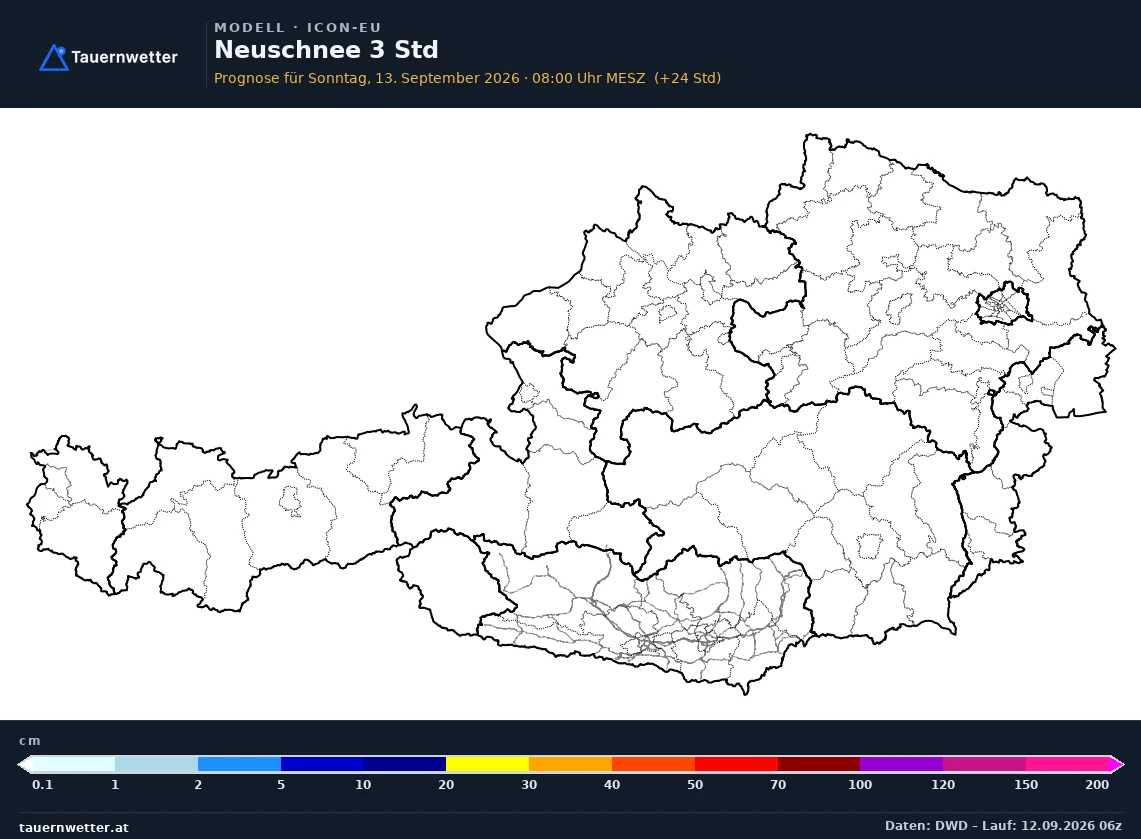 ICON-EU Modellkarte Neuschnee 3 h Österreich, Vorhersage +24 Stunden
