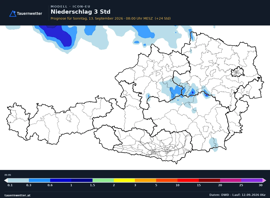 ICON-EU Modellkarte Niederschlag 3 h Österreich, Vorhersage +24 Stunden