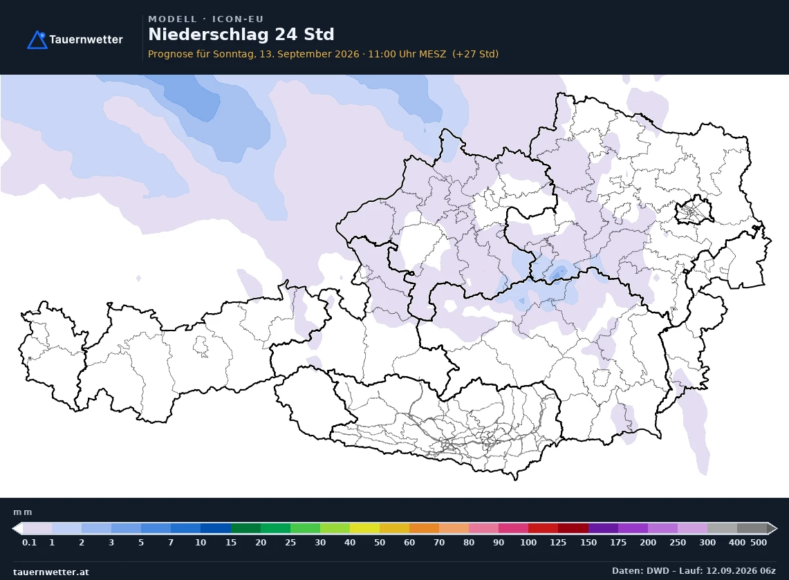 ICON-EU Modellkarte Niederschlag 24 h Österreich, Vorhersage +27 Stunden