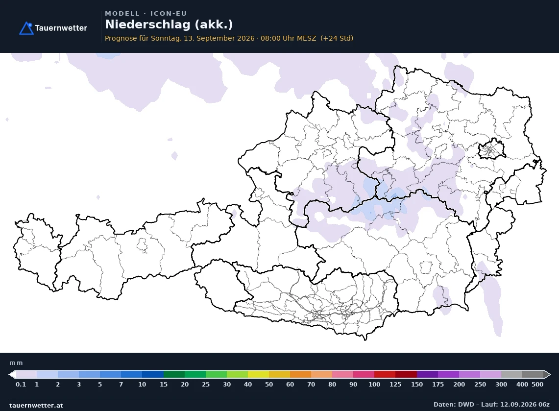 ICON-EU Modellkarte Niederschlag akkumuliert Österreich, Vorhersage +24 Stunden