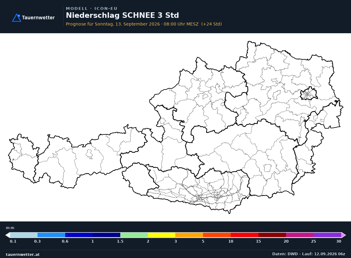ICON-EU Modellkarte Schnee 3 h Österreich, Vorhersage +24 Stunden