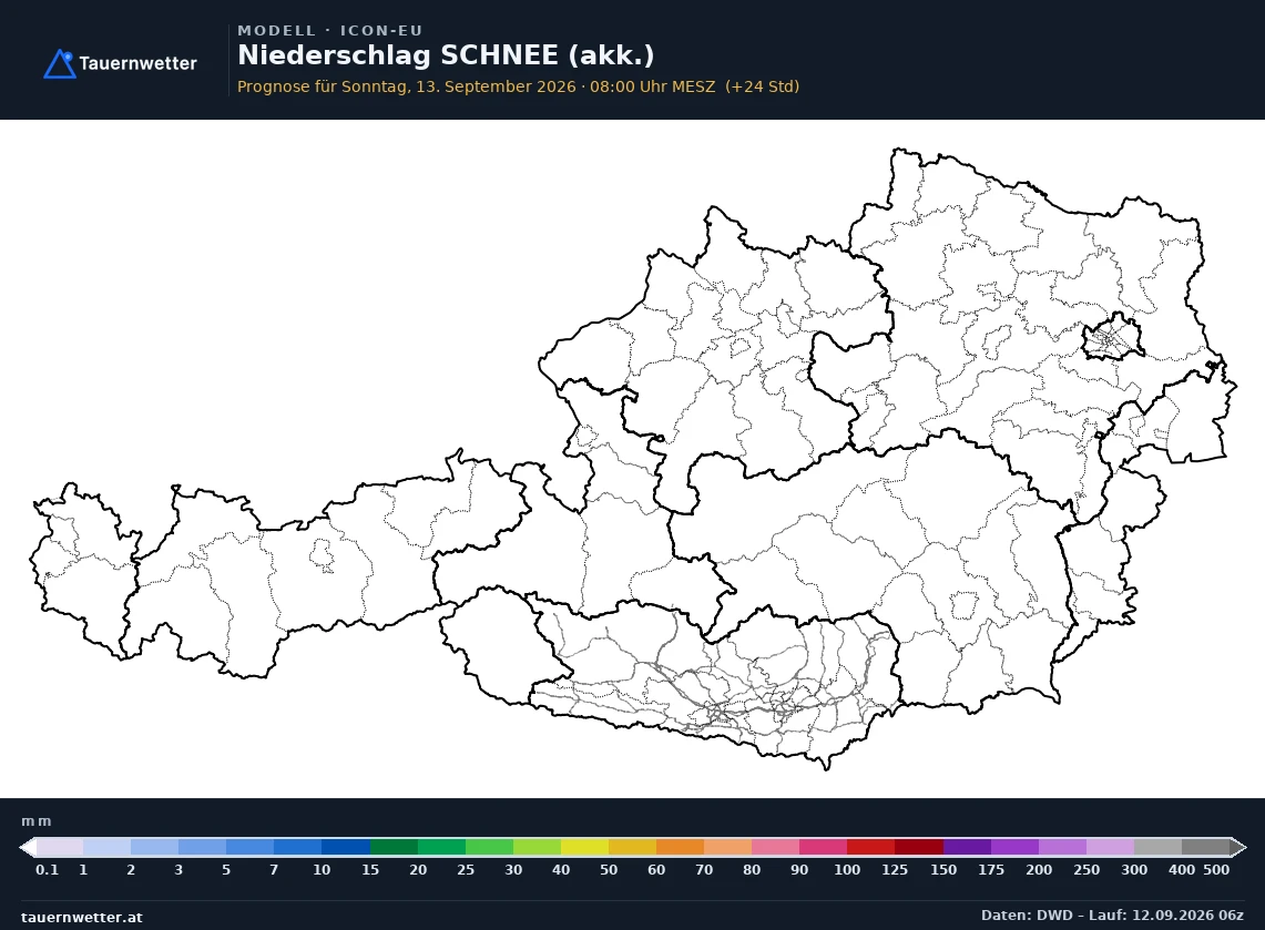 ICON-EU Modellkarte Schnee akkumuliert Österreich, Vorhersage +24 Stunden