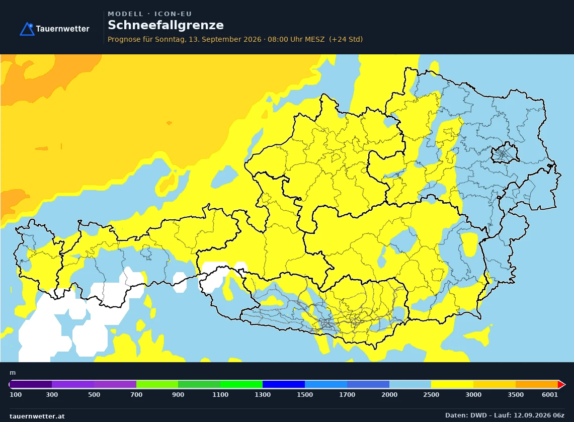 ICON-EU Modellkarte Schneefallgrenze Österreich, Vorhersage +24 Stunden