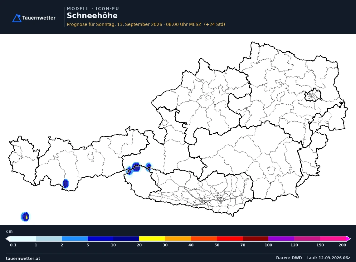 ICON-EU Modellkarte Schneehöhe Österreich, Vorhersage +24 Stunden