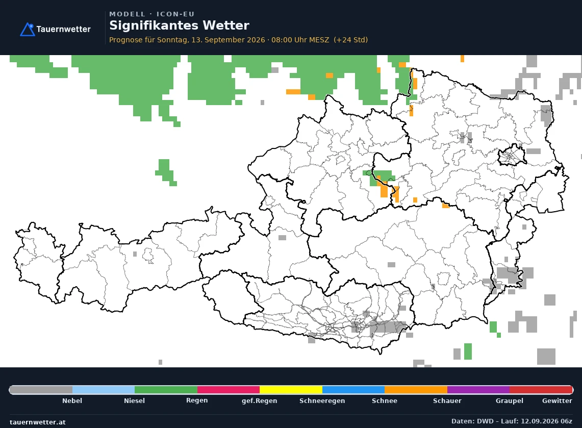 ICON-EU Modellkarte Signifikantes Wetter Österreich, Vorhersage +24 Stunden