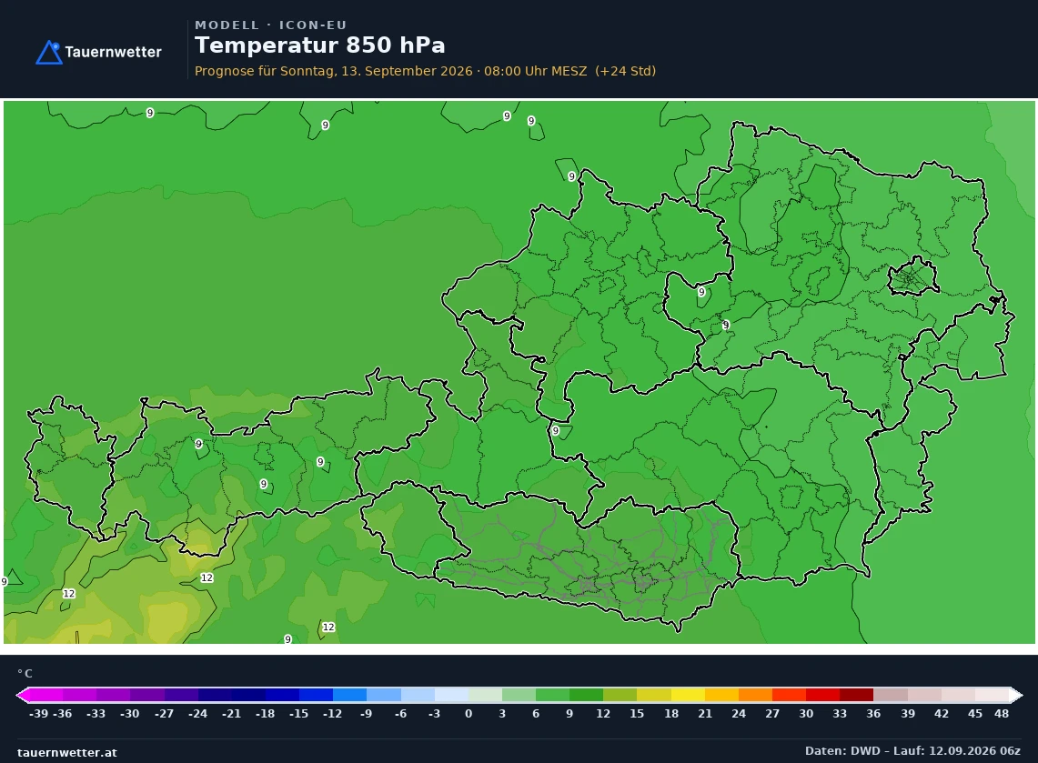ICON-EU Modellkarte Temperatur 850 hPa Österreich, Vorhersage +24 Stunden