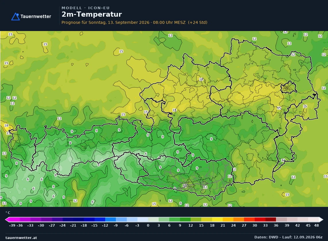 ICON-EU Modellkarte Temperatur 2 m Österreich, Vorhersage +24 Stunden