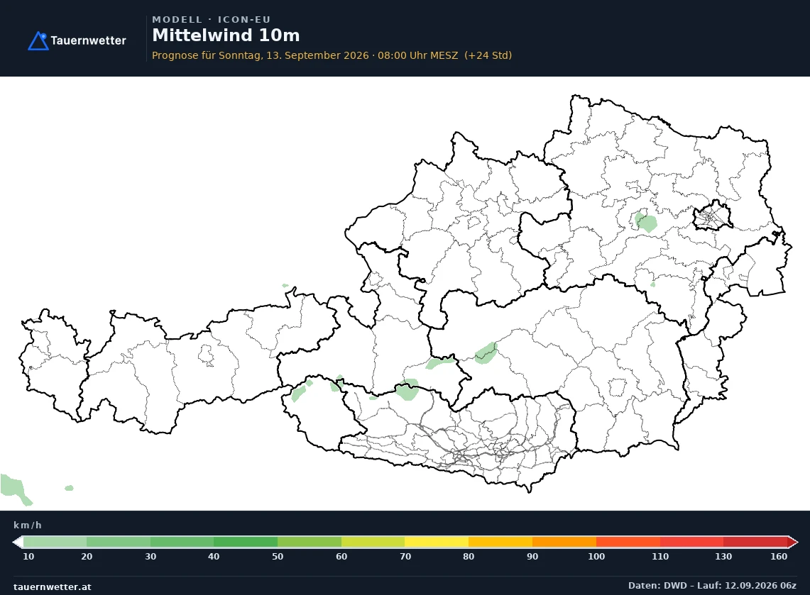 ICON-EU Modellkarte Mittelwind 10 m Österreich, Vorhersage +24 Stunden