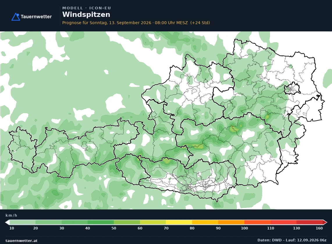 ICON-EU Modellkarte Windböen 10 m Österreich, Vorhersage +24 Stunden