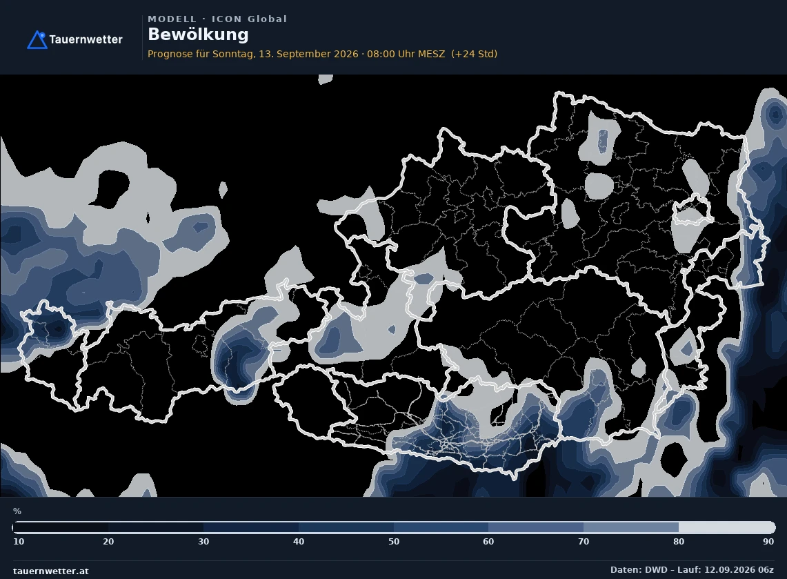 ICON Global Modellkarte Bewölkung Österreich, Vorhersage +24 Stunden
