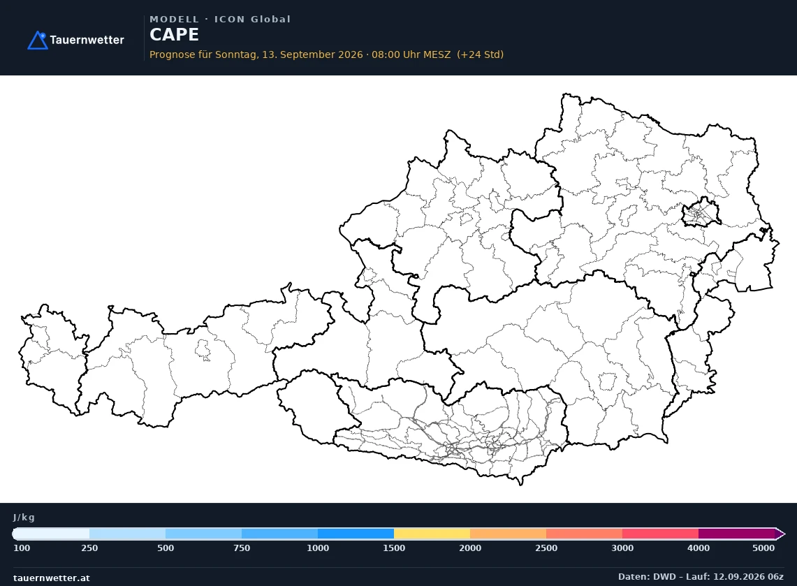 ICON Global Modellkarte CAPE, Gewitterpotential Österreich, Vorhersage +24 Stunden