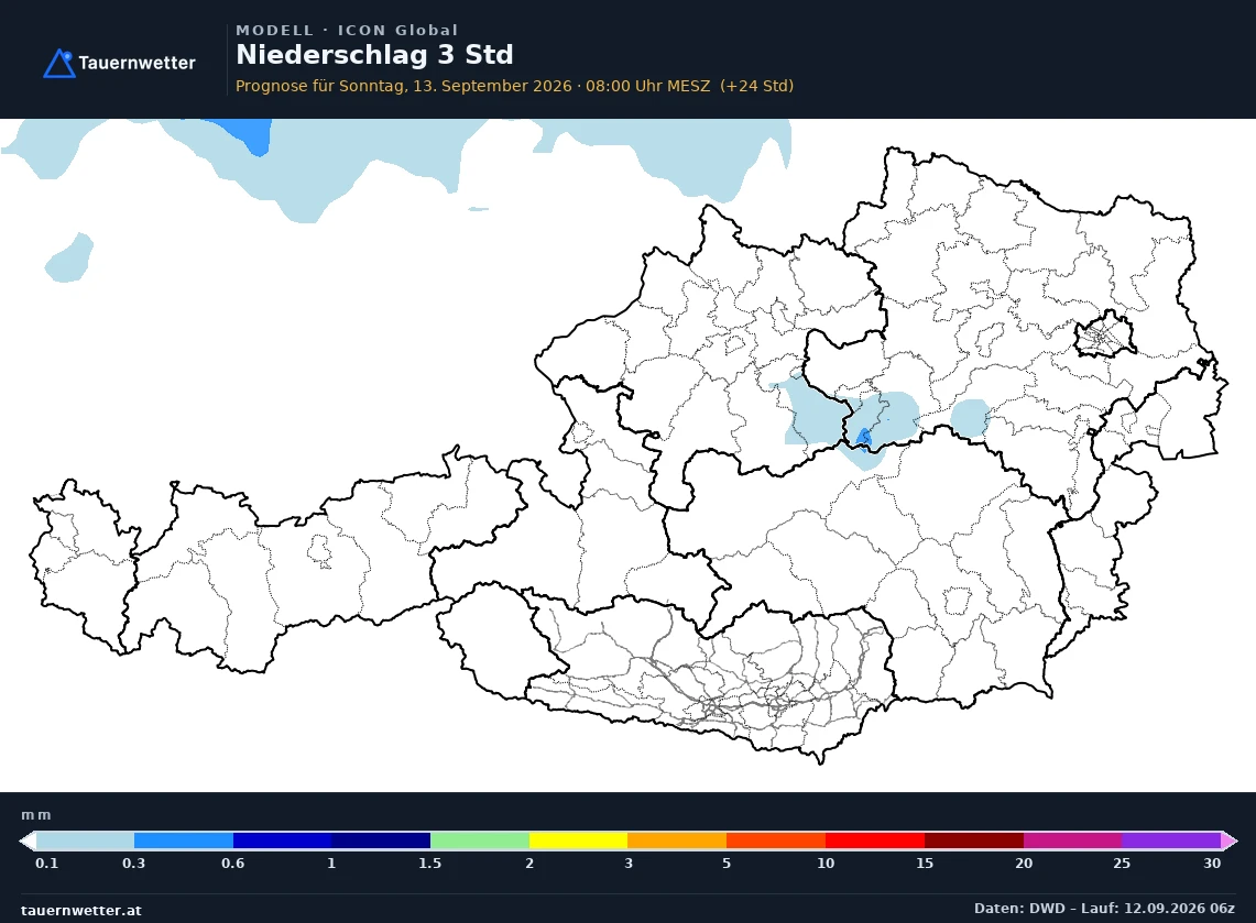 ICON Global Modellkarte Niederschlag 3 h Österreich, Vorhersage +24 Stunden