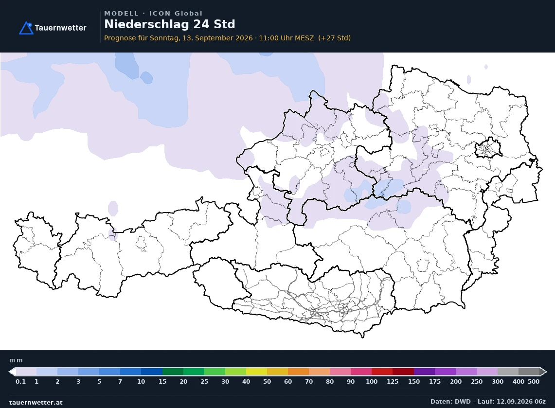 ICON Global Modellkarte Niederschlag 24 h Österreich, Vorhersage +27 Stunden