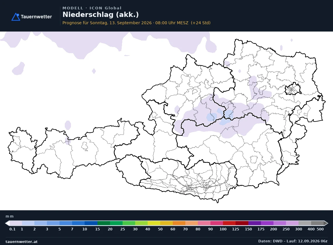 ICON Global Modellkarte Niederschlag akkumuliert Österreich, Vorhersage +24 Stunden