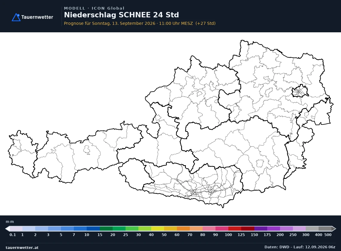 ICON Global Modellkarte Schnee 24 h Österreich, Vorhersage +27 Stunden