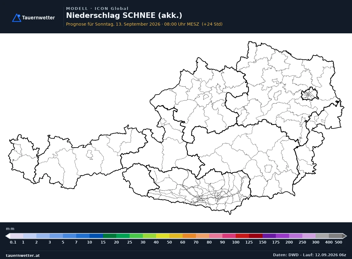ICON Global Modellkarte Schnee akkumuliert Österreich, Vorhersage +24 Stunden