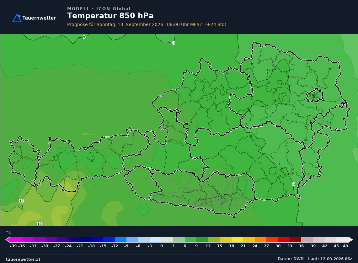ICON Global Modellkarte Temperatur 850 hPa Österreich, Vorhersage +24 Stunden