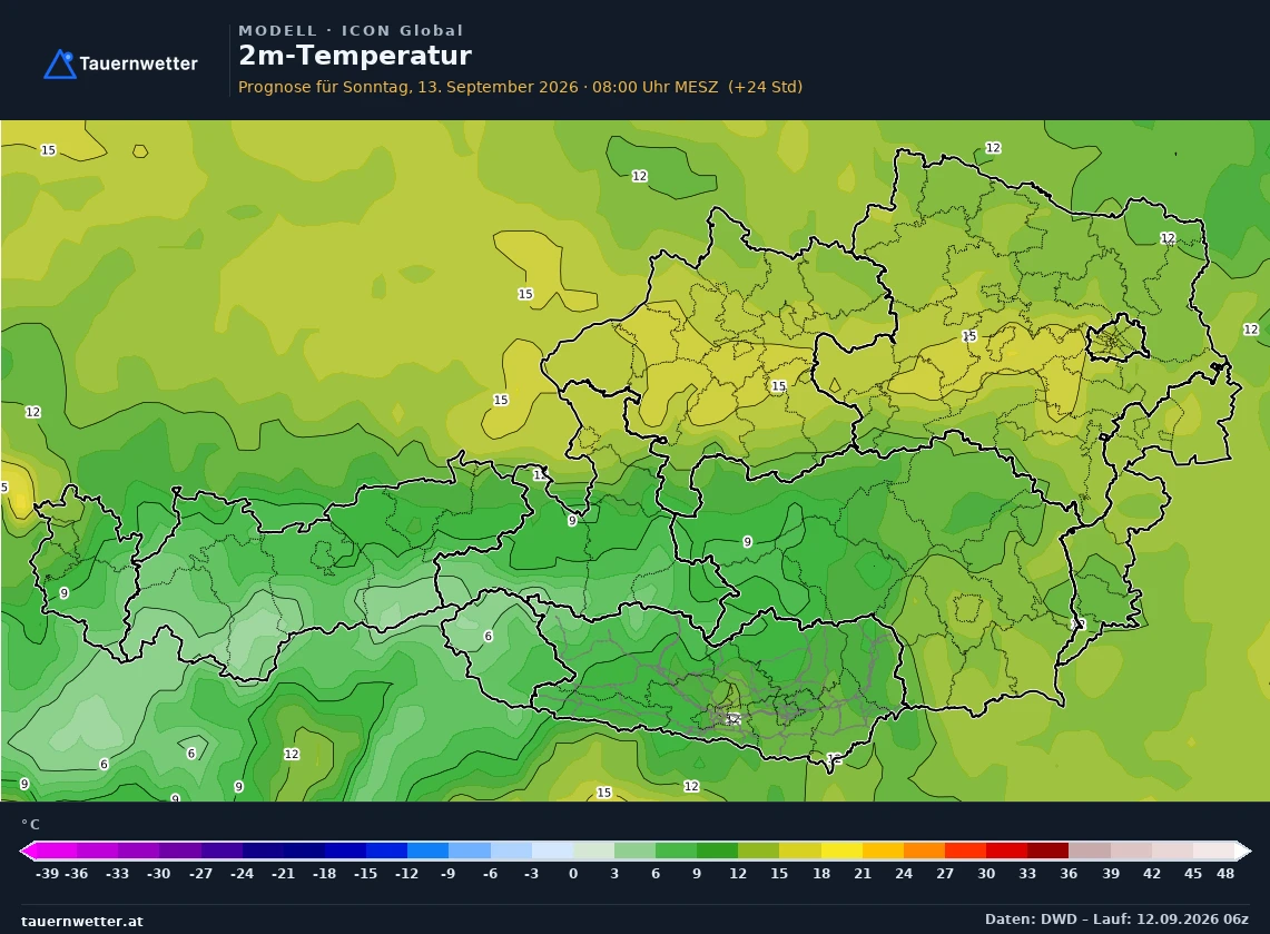 ICON Global Modellkarte Temperatur 2 m Österreich, Vorhersage +24 Stunden