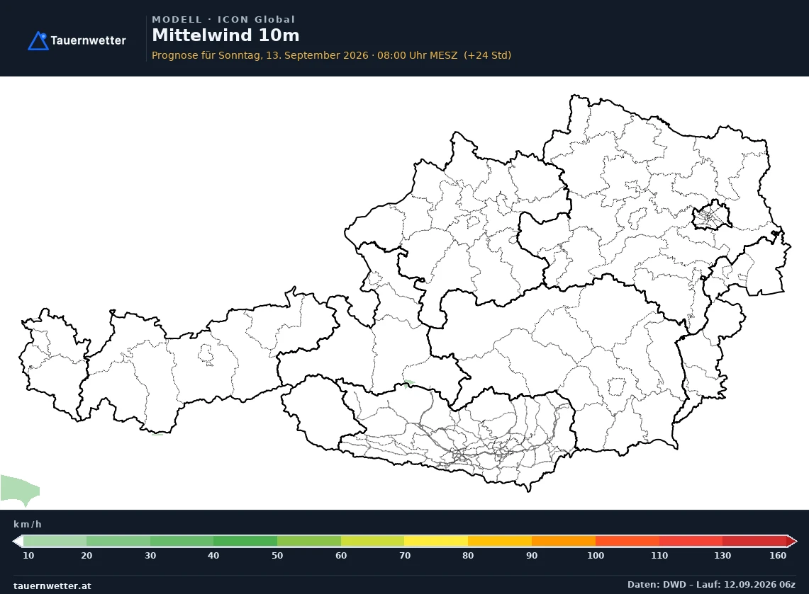 ICON Global Modellkarte Mittelwind 10 m Österreich, Vorhersage +24 Stunden