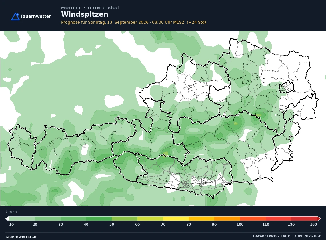 ICON Global Modellkarte Windböen 10 m Österreich, Vorhersage +24 Stunden