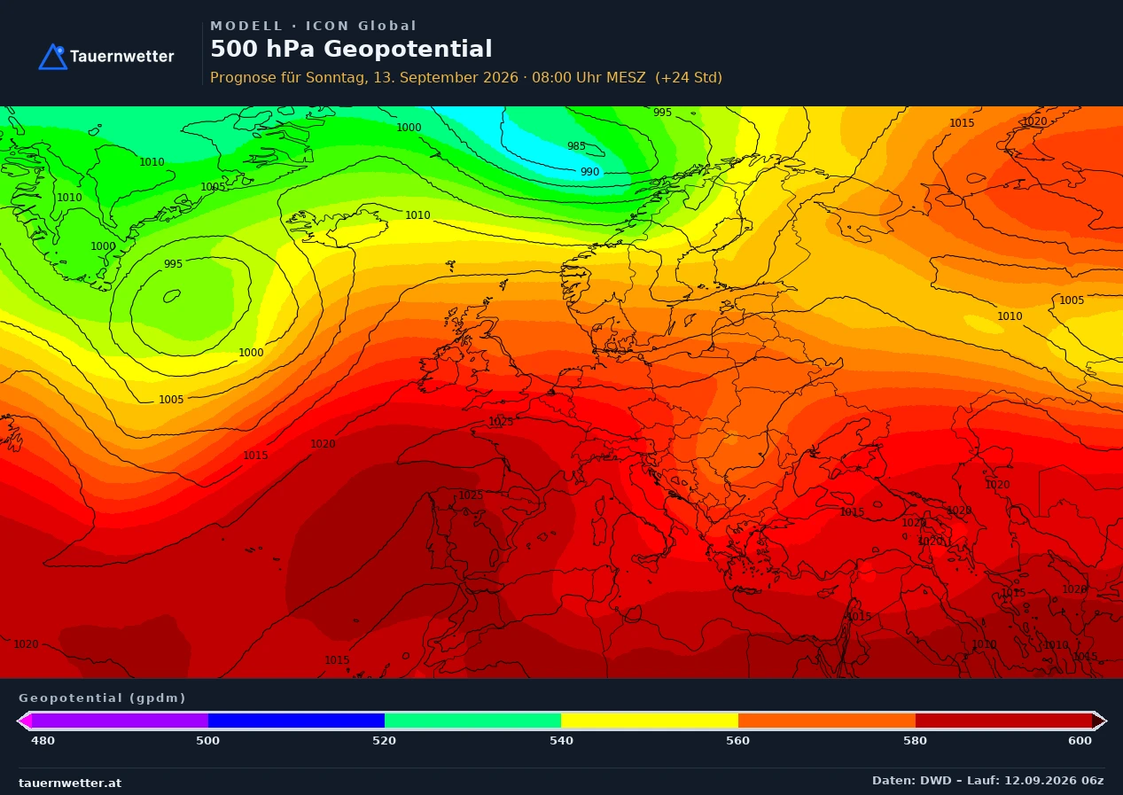 ICON Global Modellkarte Bodendruck und 500 hPa Geopotential Europa, Vorhersage +24 Stunden