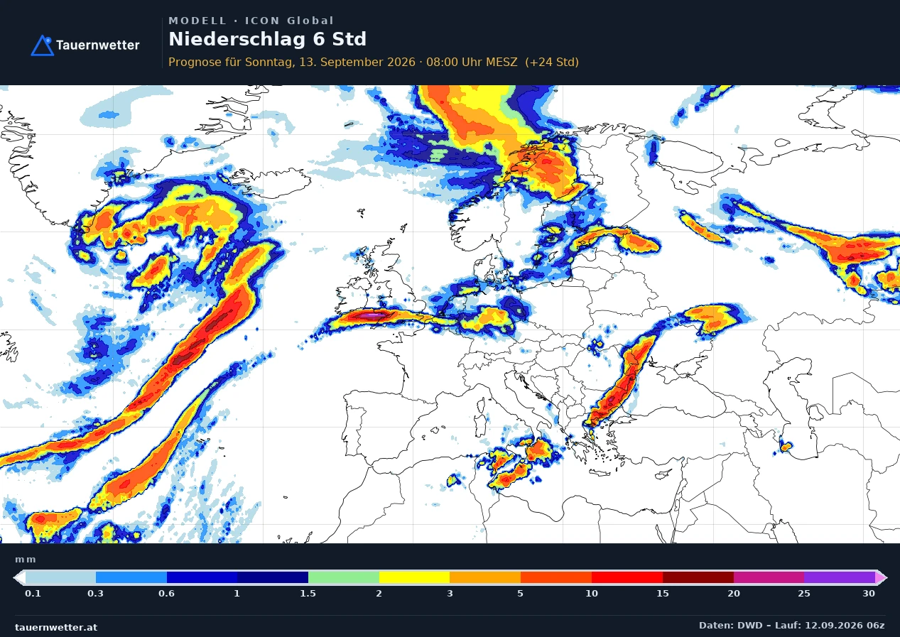 ICON Global Modellkarte Niederschlag 6 h Europa, Vorhersage +24 Stunden