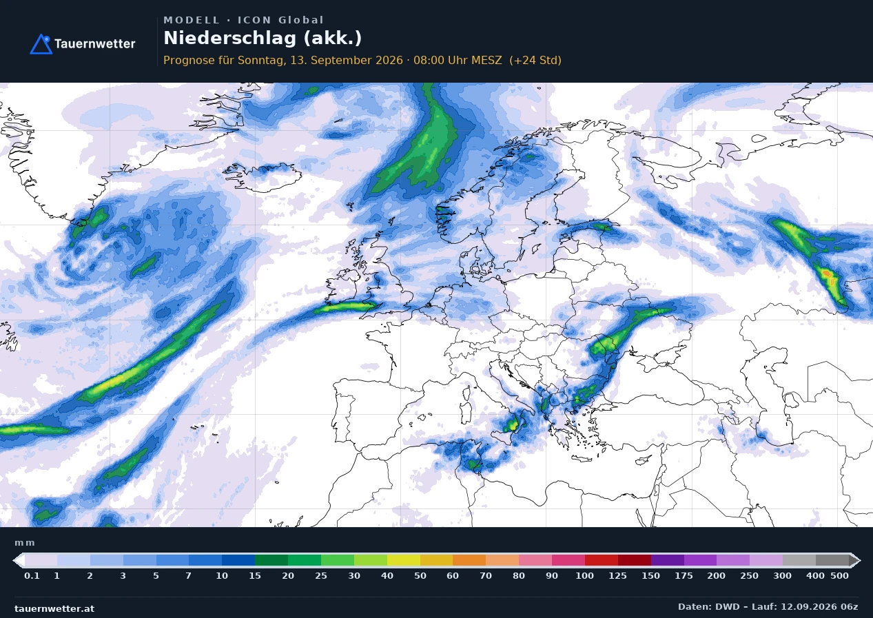 ICON Global Modellkarte Niederschlag akkumuliert Europa, Vorhersage +24 Stunden