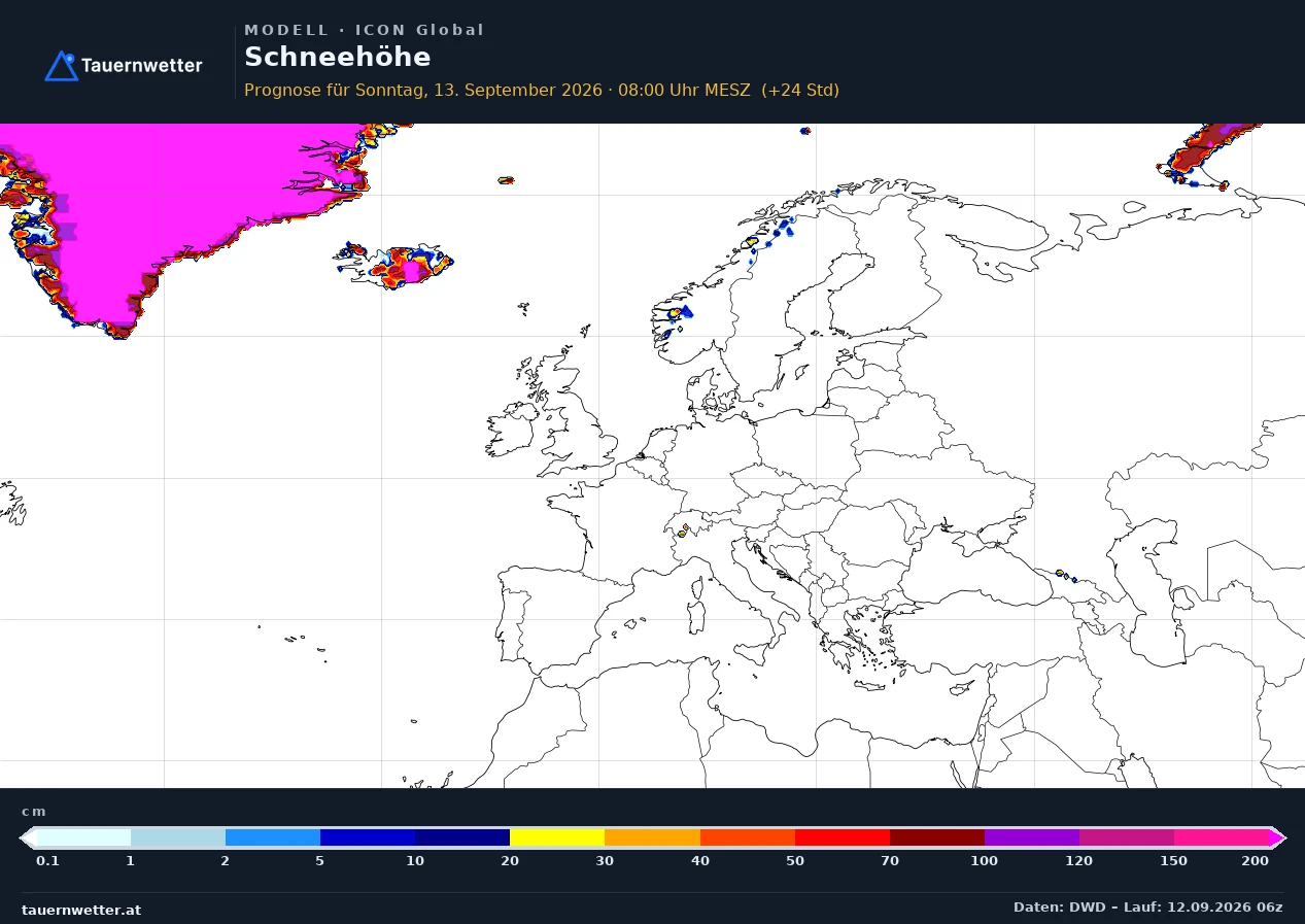 ICON Global Modellkarte Schneehöhe Europa, Vorhersage +24 Stunden