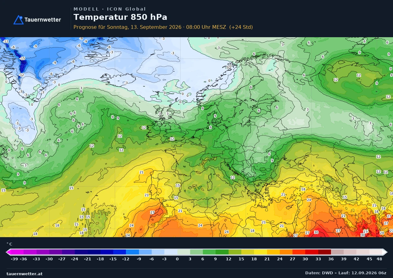 ICON Global Modellkarte Temperatur 850 hPa Europa, Vorhersage +24 Stunden