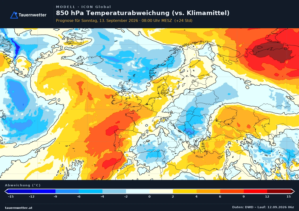 ICON Global Modellkarte Temperatur 850 hPa, Abweichung Europa, Vorhersage +24 Stunden