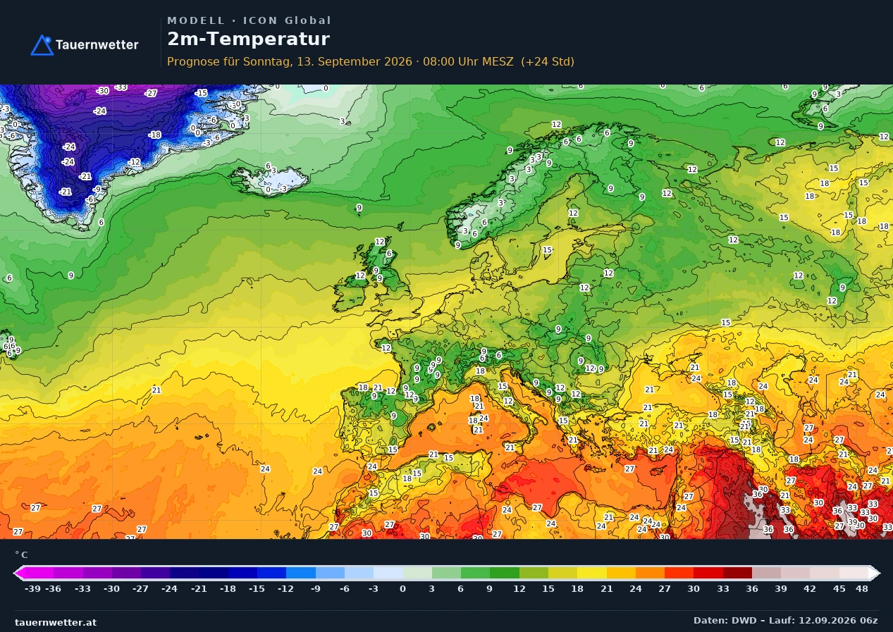 ICON Global Modellkarte Temperatur 2 m Europa, Vorhersage +24 Stunden