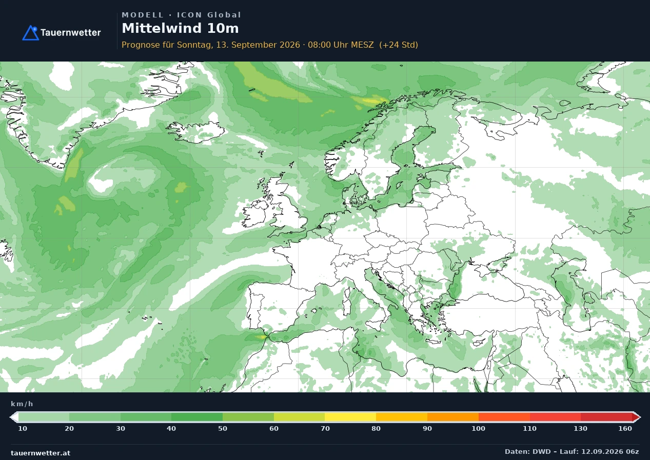 ICON Global Modellkarte Mittelwind 10 m Europa, Vorhersage +24 Stunden