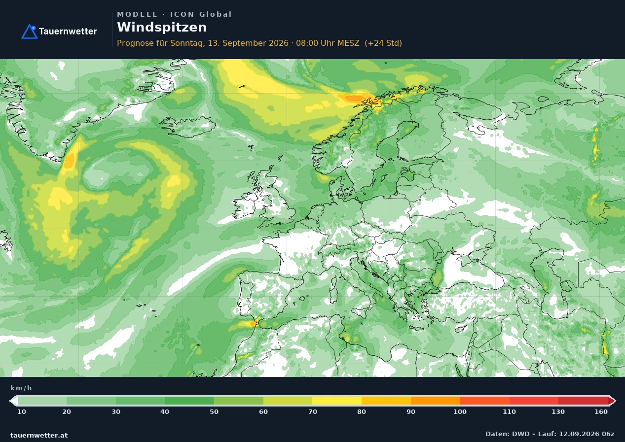 ICON Global Modellkarte Windböen 10 m Europa, Vorhersage +24 Stunden