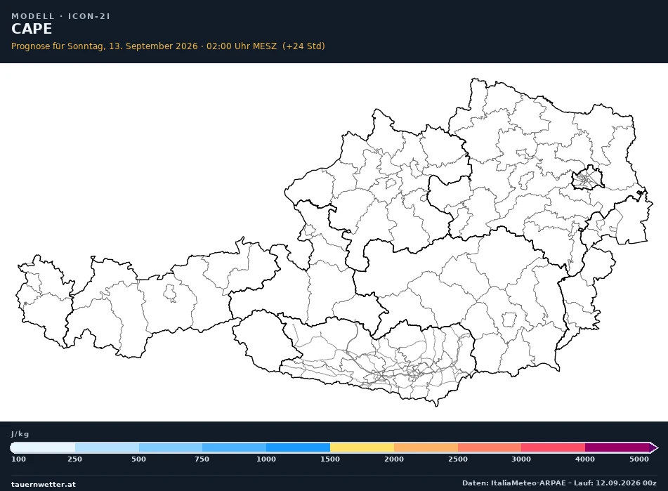 ICON-2I Modellkarte CAPE, Gewitterpotential Österreich, Vorhersage +24 Stunden