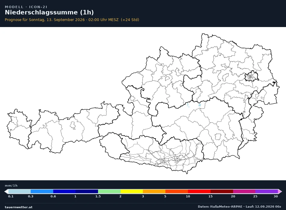 ICON-2I Modellkarte Niederschlag 1 h Österreich, Vorhersage +24 Stunden