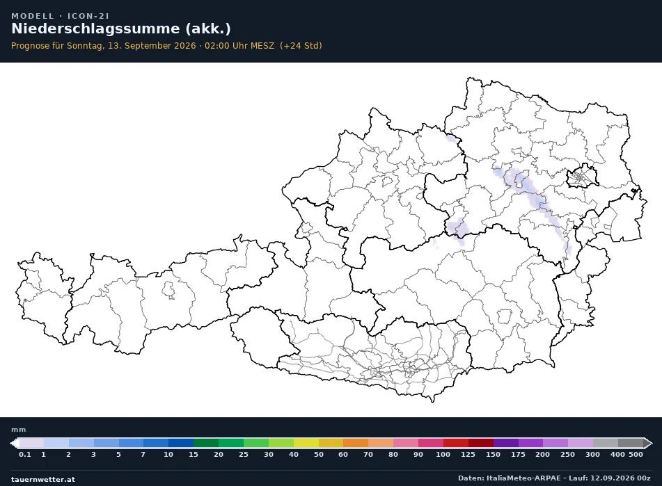 ICON-2I Modellkarte Niederschlag akkumuliert Österreich, Vorhersage +24 Stunden