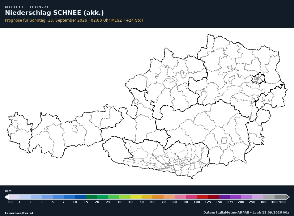 ICON-2I Modellkarte Schnee akkumuliert Österreich, Vorhersage +24 Stunden