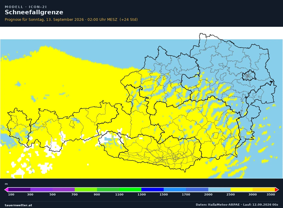 ICON-2I Modellkarte Schneefallgrenze Österreich, Vorhersage +24 Stunden